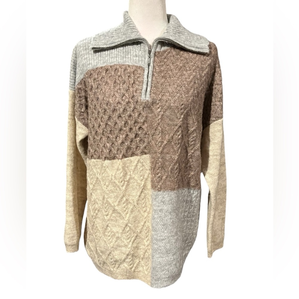 Westbound Patchwork 1/4 Grandpa Sweater Tan, Gray and Beige Size Large